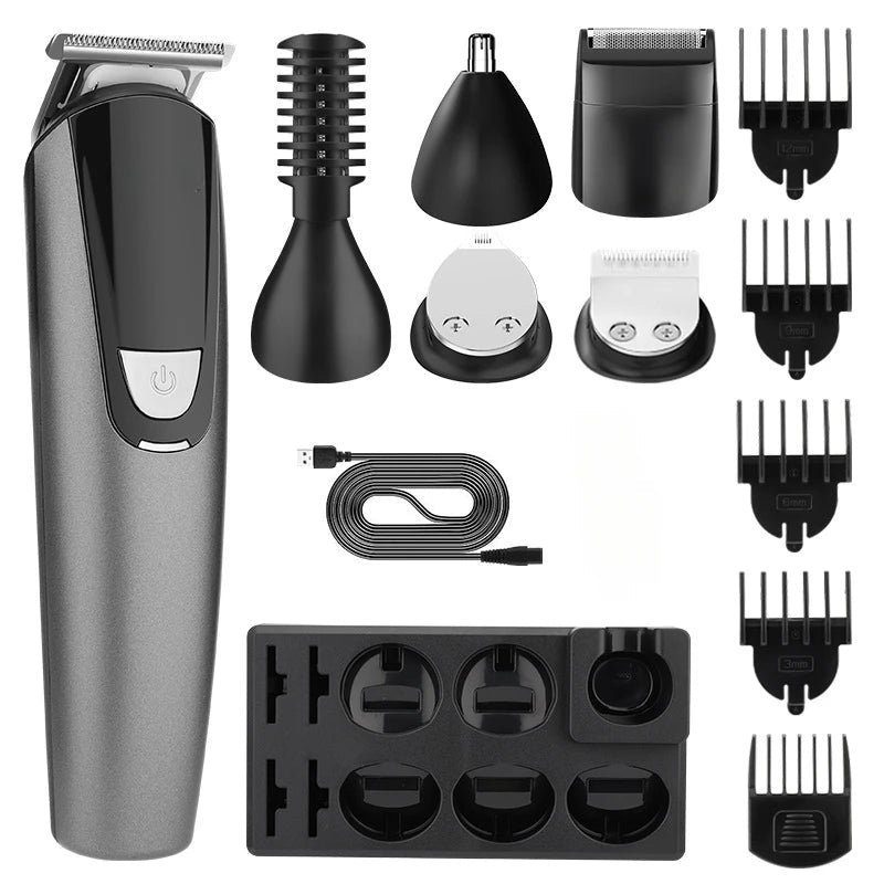 6 in 1 Changing Head Electric Clippers set with various grooming heads and accessories in a compact storage box.