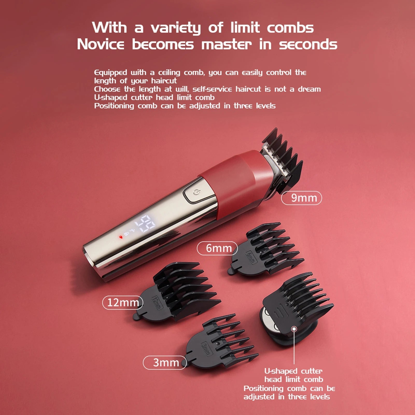 6 in 1 Hair Clipper with multiple cutter heads and ergonomic design, showcasing its LCD display and limit combs.