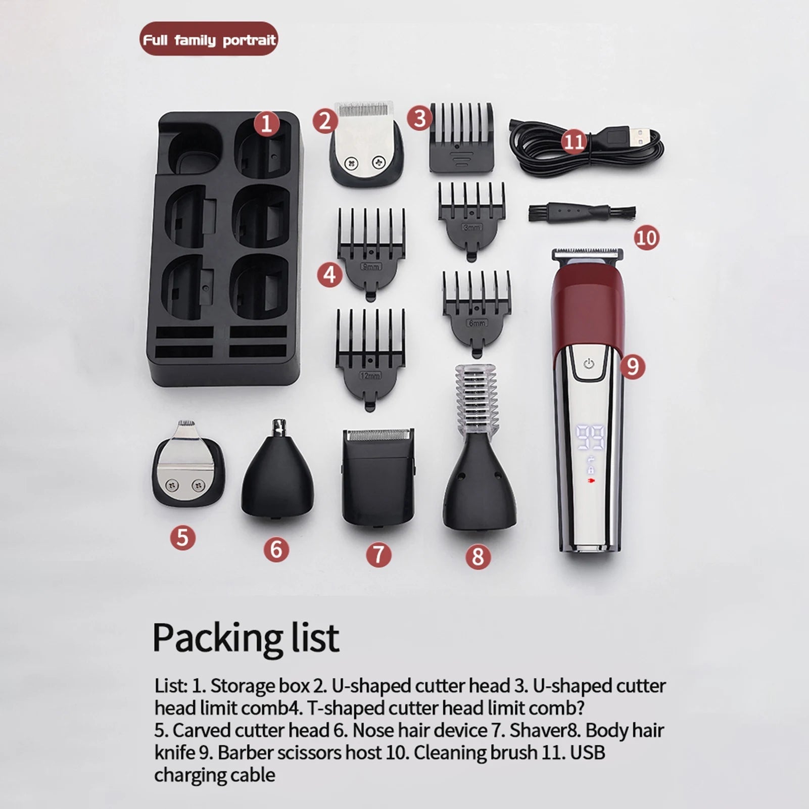 6 in 1 Hair Clipper with multiple cutter heads and ergonomic design, showcasing its LCD display and limit combs.