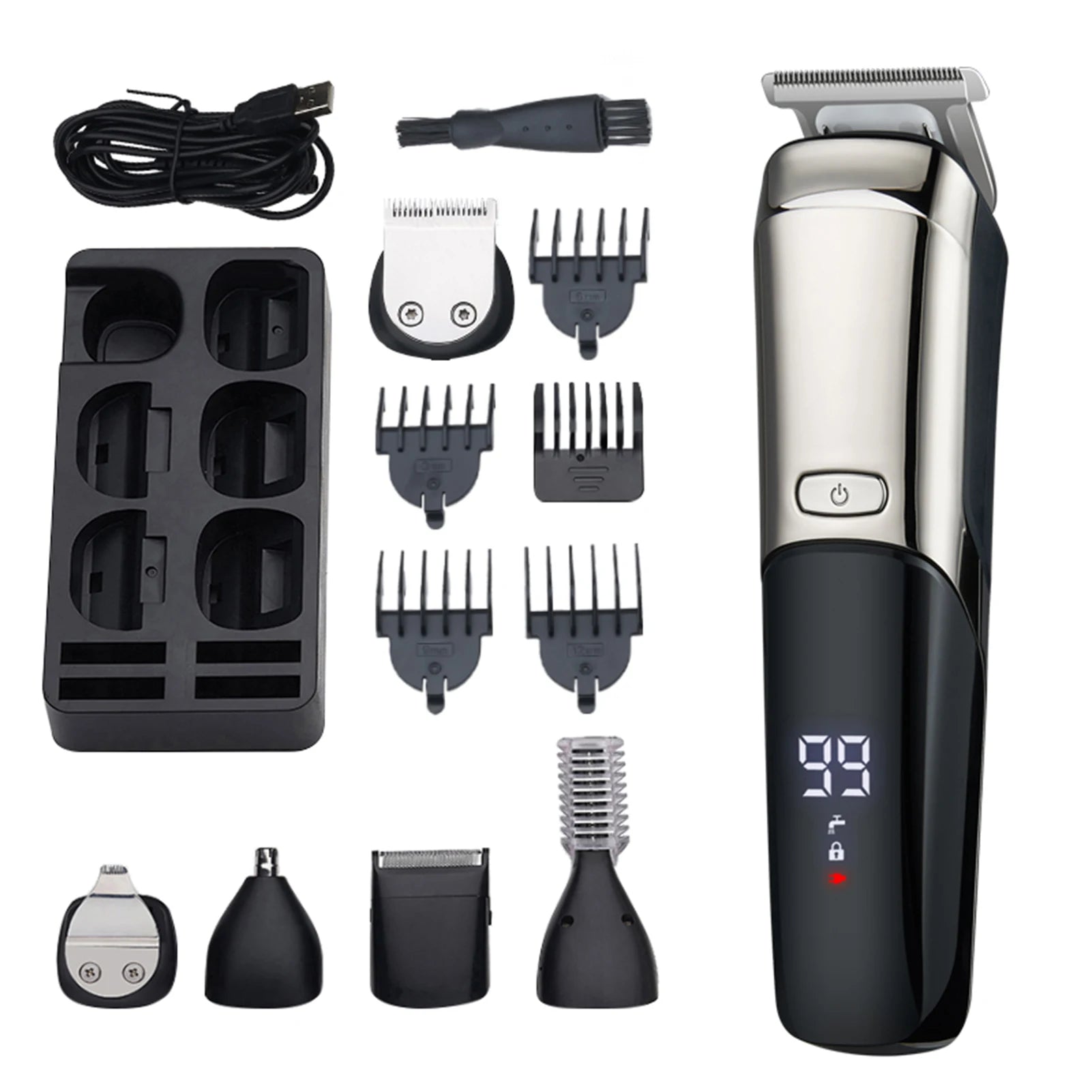 6 in 1 Hair Clipper with multiple cutter heads and ergonomic design, showcasing its LCD display and limit combs.