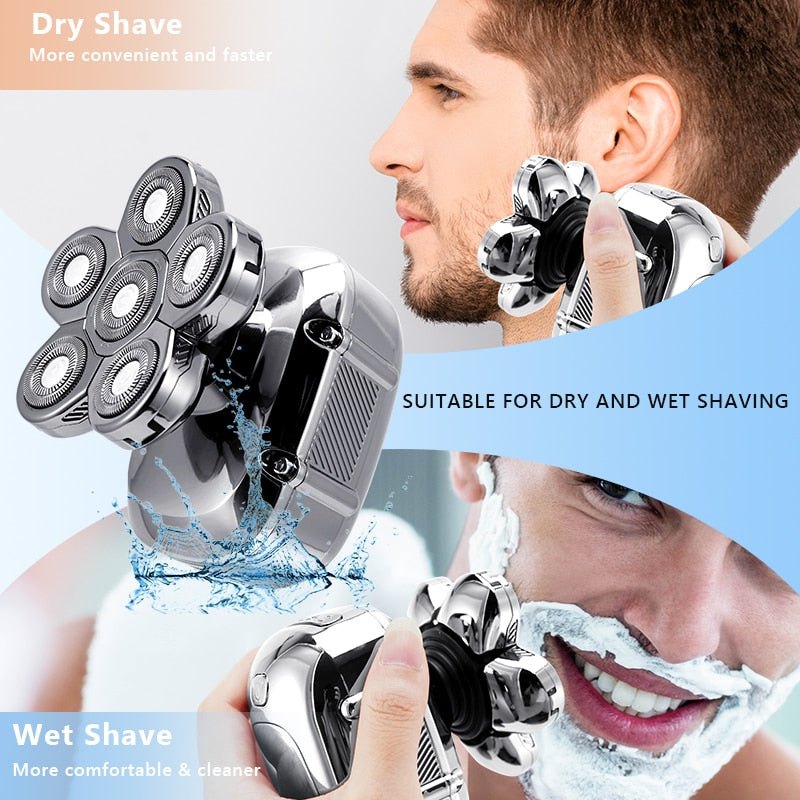 6 in 1 Multifunction Electric Shaver in golden and silver colors, showcasing its ergonomic design and multiple attachments for versatile grooming.