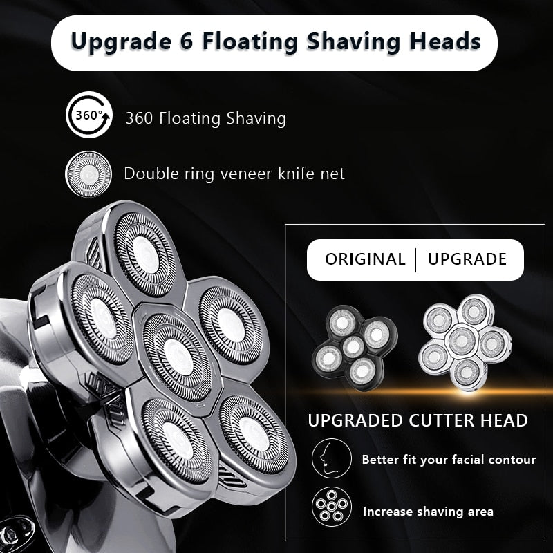 6 in 1 Multifunction Electric Shaver in golden and silver colors, showcasing its ergonomic design and multiple attachments for versatile grooming.