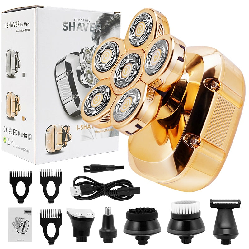 6 in 1 Multifunction Electric Shaver in golden and silver colors, showcasing its ergonomic design and multiple attachments for versatile grooming.