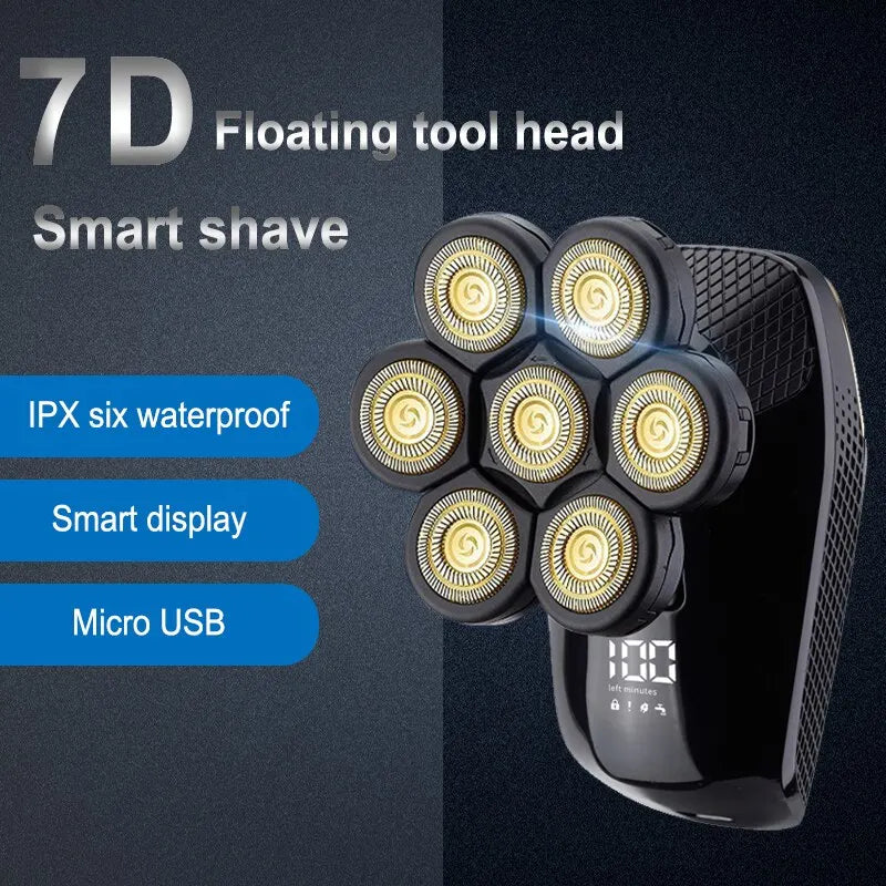 7D Independently 7 Cutter Floating Head Waterproof Electric Razor with multiple attachments and accessories for versatile grooming.