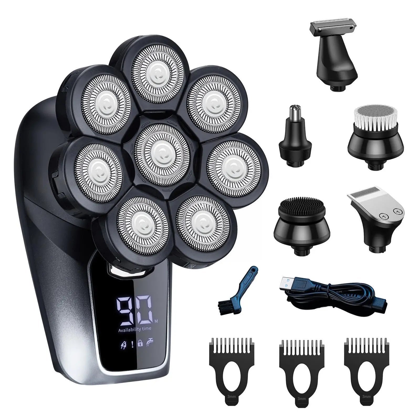 8D Face Head Electric Shaver designed for bald men, showcasing its sleek design and multiple attachments for versatile grooming.