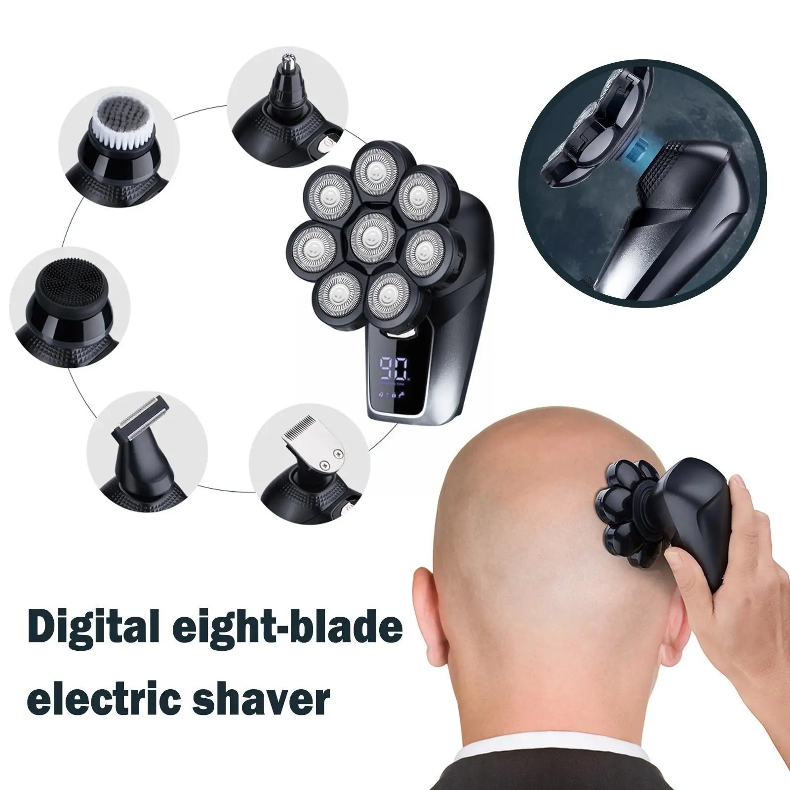 8D Face Head Electric Shaver designed for bald men, showcasing its sleek design and multiple attachments for versatile grooming.