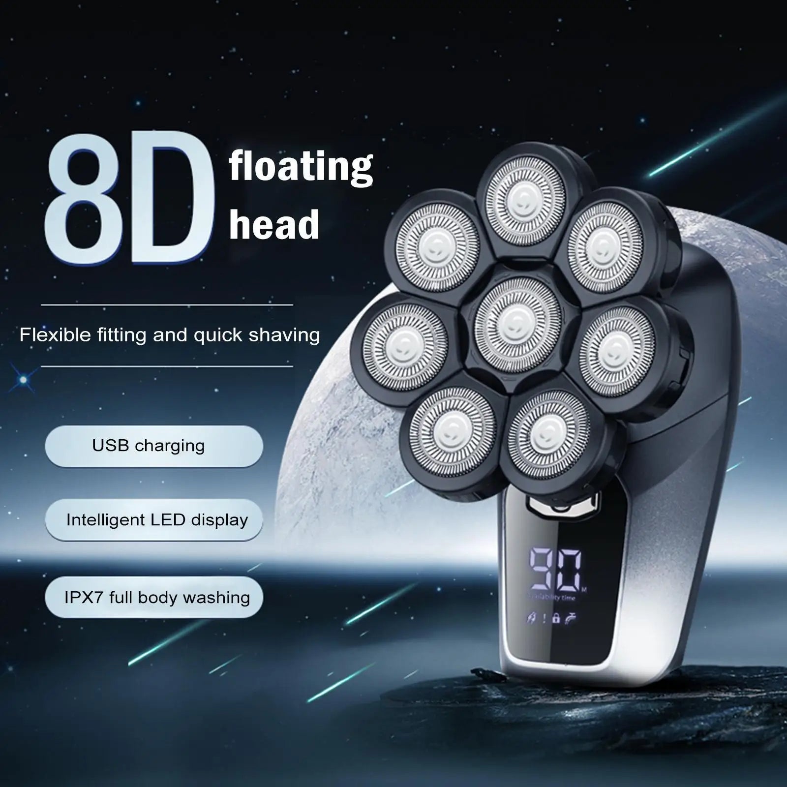 8D Face Head Electric Shaver designed for bald men, showcasing its sleek design and multiple attachments for versatile grooming.