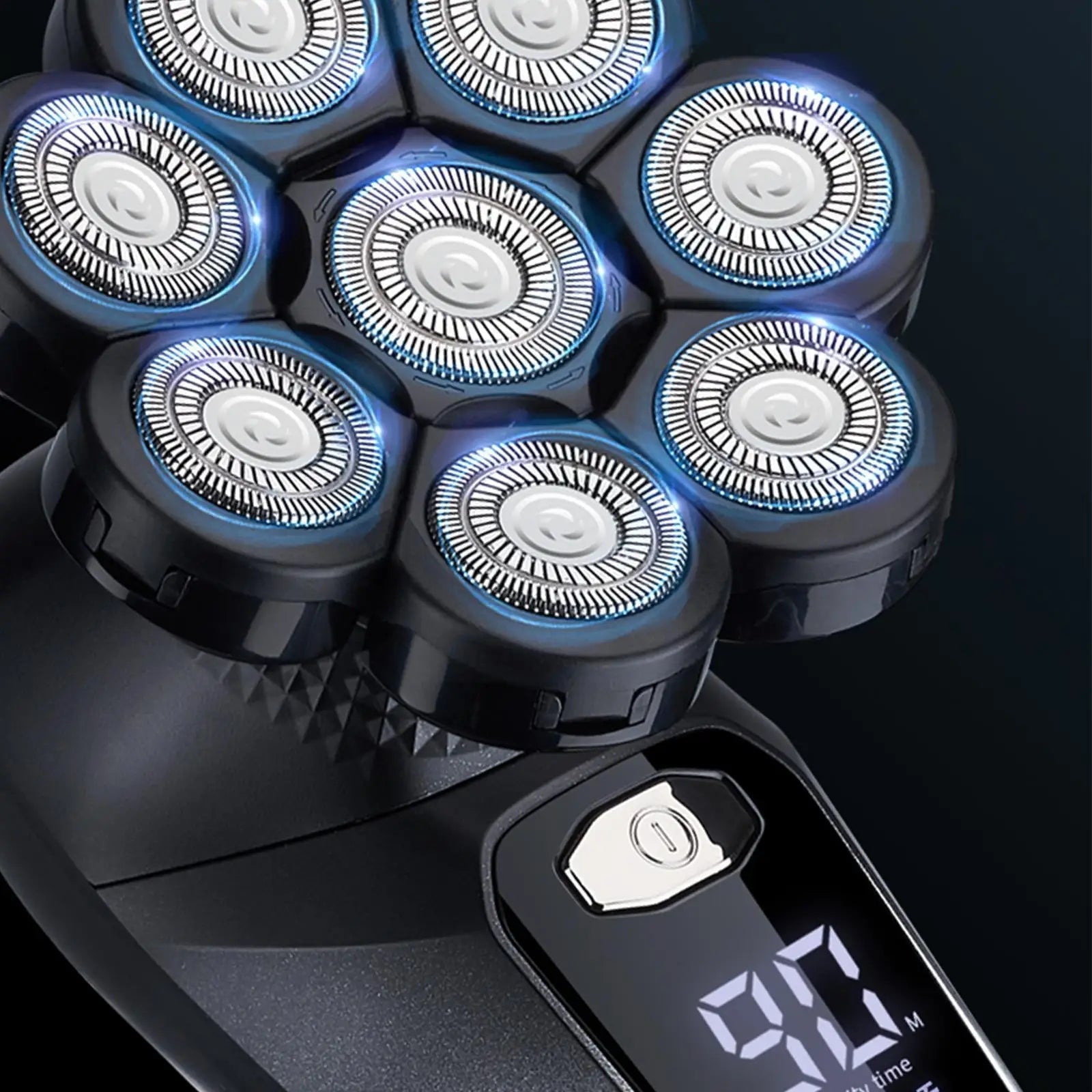 8D Face Head Electric Shaver designed for bald men, showcasing its sleek design and multiple attachments for versatile grooming.