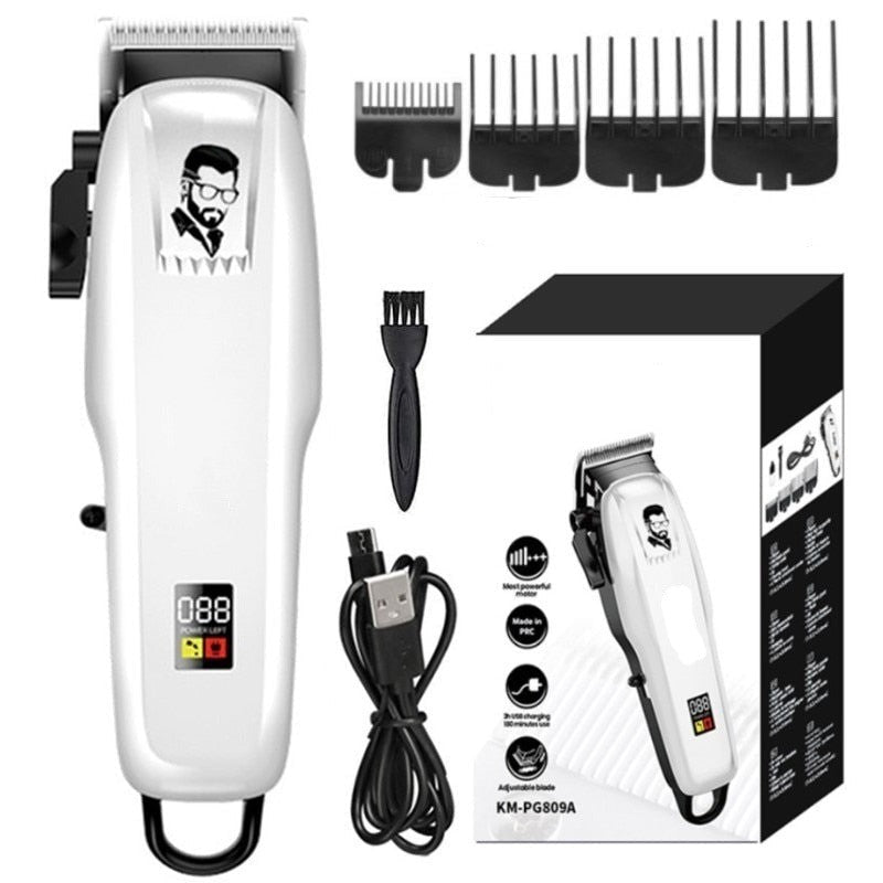 Adjustable Powerful Hair Clipper with stainless steel cutter head and LCD display, designed for men's grooming.