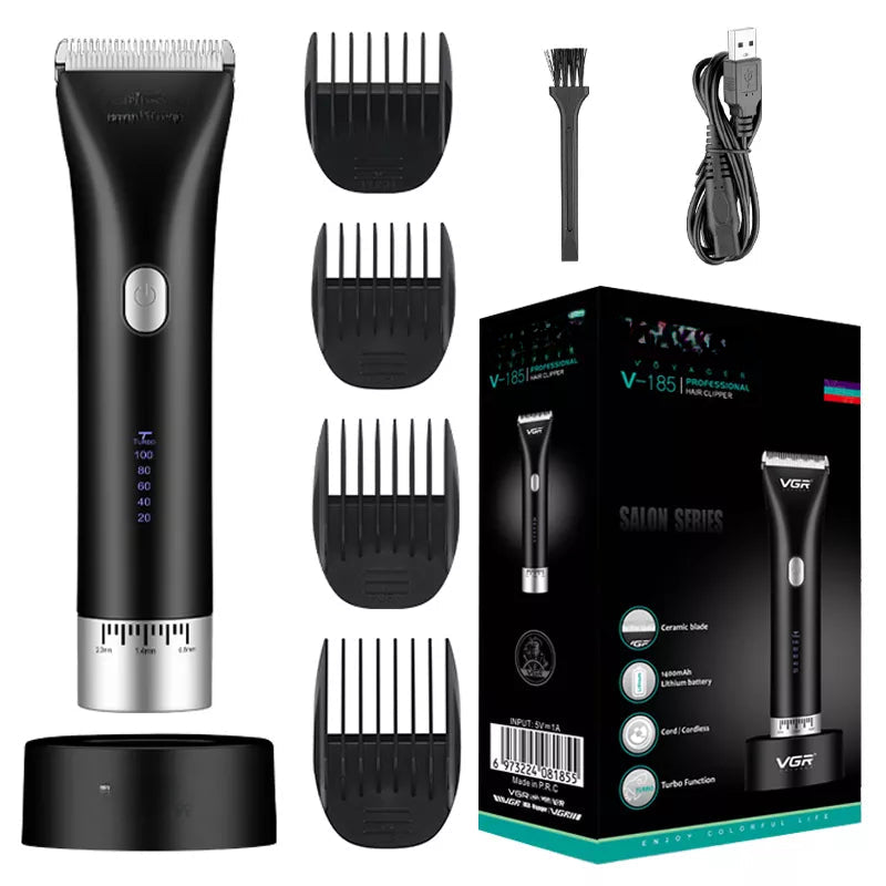 Adjustable Speed and Blade Professional Hair Trimmer for Men with ceramic blade and limit combs, showcasing its sleek design and features.