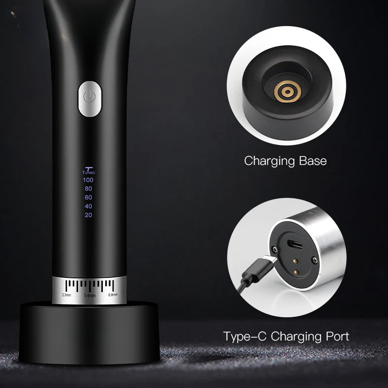 Adjustable Speed and Blade Professional Hair Trimmer for Men with ceramic blade and limit combs, showcasing its sleek design and features.