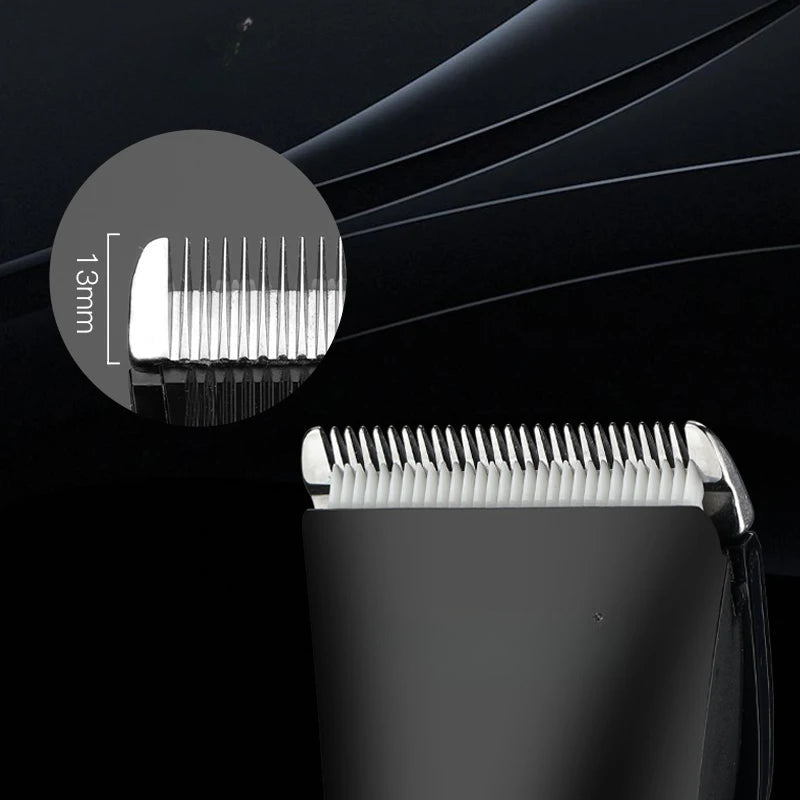 Adjustable Speed and Blade Professional Hair Trimmer for Men with ceramic blade and limit combs, showcasing its sleek design and features.