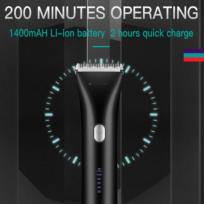 Adjustable Speed and Blade Professional Hair Trimmer for Men with ceramic blade and limit combs, showcasing its sleek design and features.