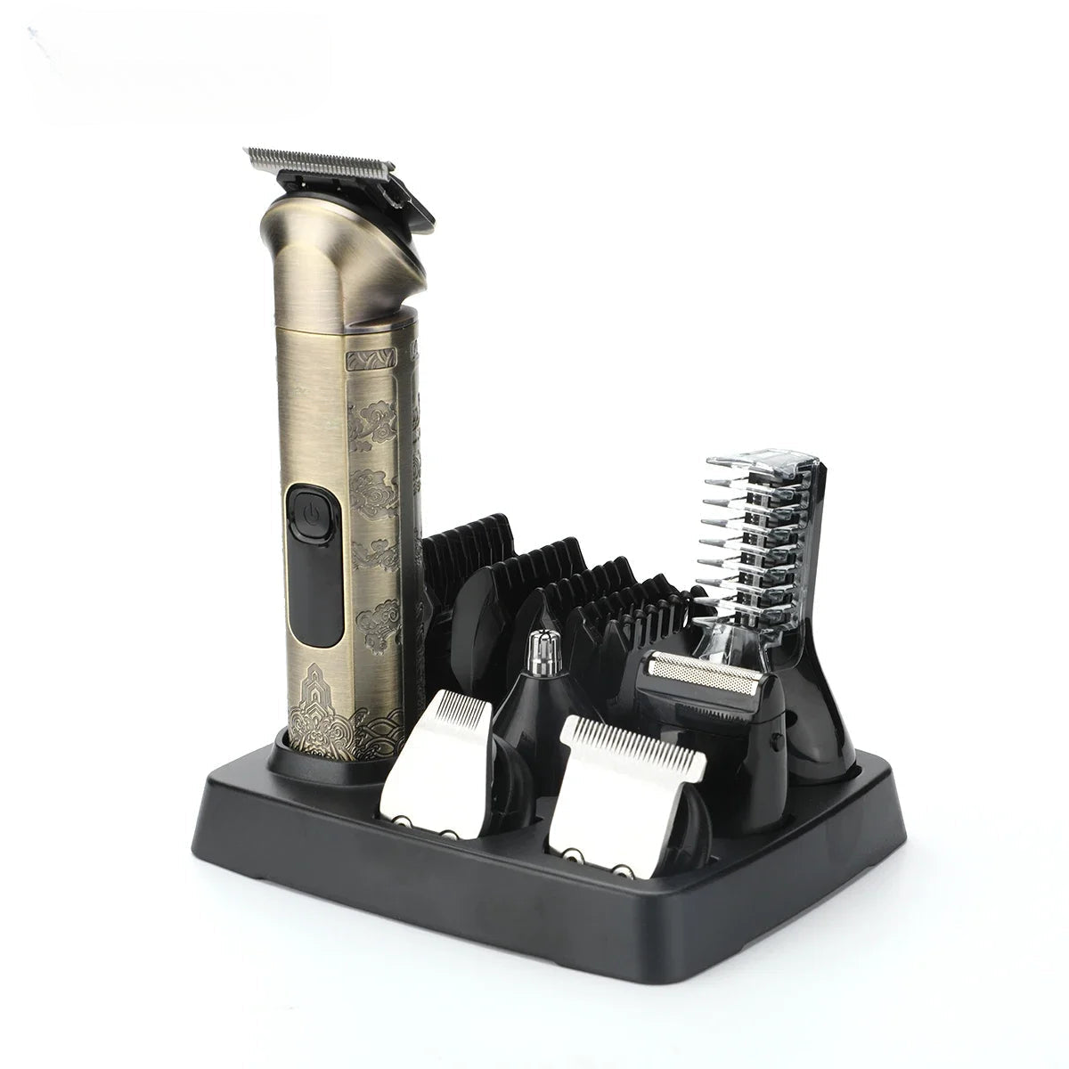 All in 1 Hair Trimmer for Men with metal housing and various grooming attachments including beard and body trimmers.