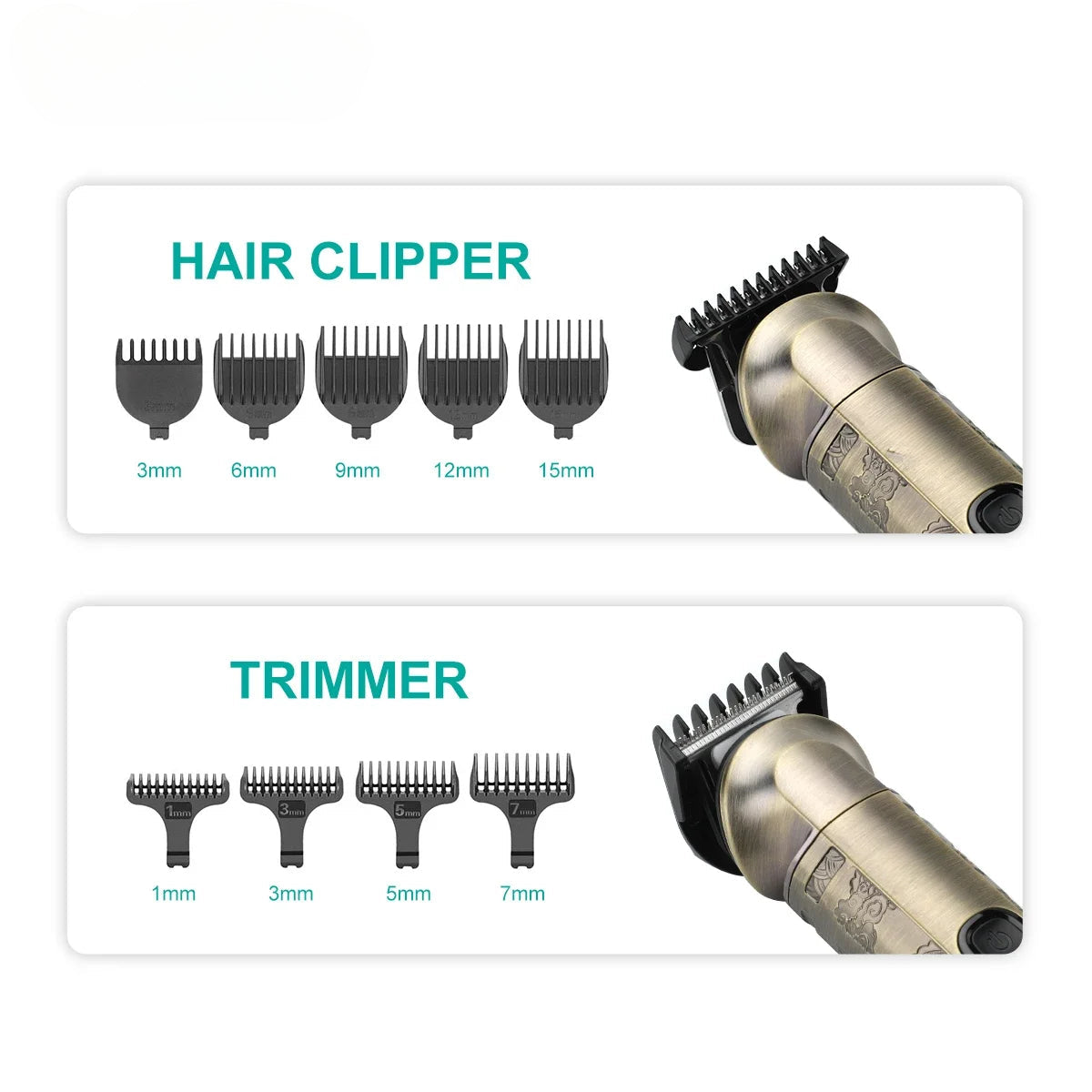 All in 1 Hair Trimmer for Men with metal housing and various grooming attachments including beard and body trimmers.