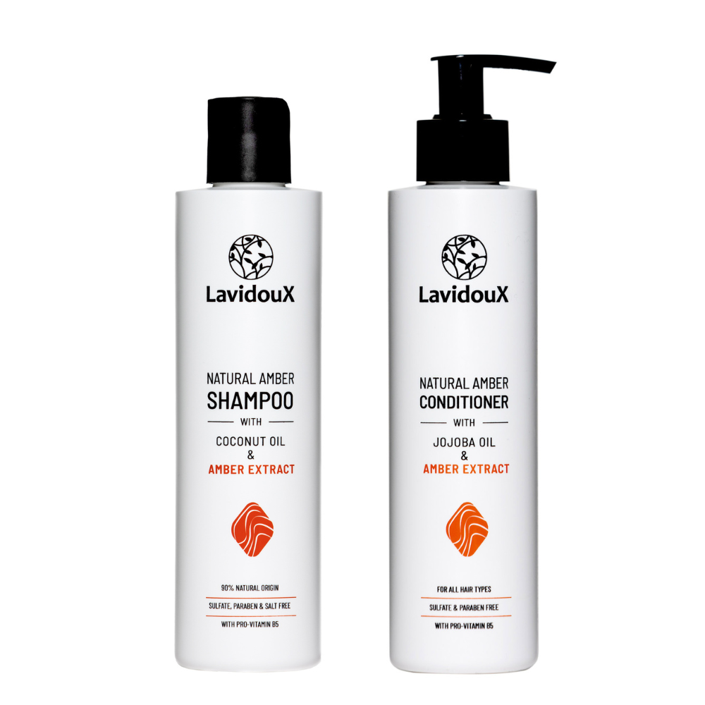 Amber Shampoo and Conditioner Set with natural ingredients in 250 ml bottles, featuring Amber extract and Coconut Oil.