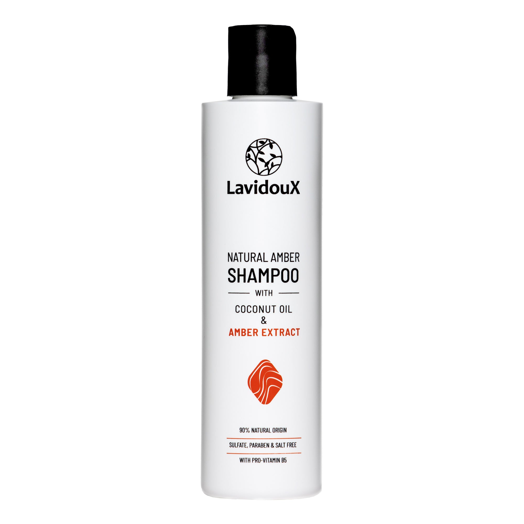 Bottle of Amber Shampoo with natural ingredients, featuring amber extract and coconut oil, designed for soft and healthy hair.