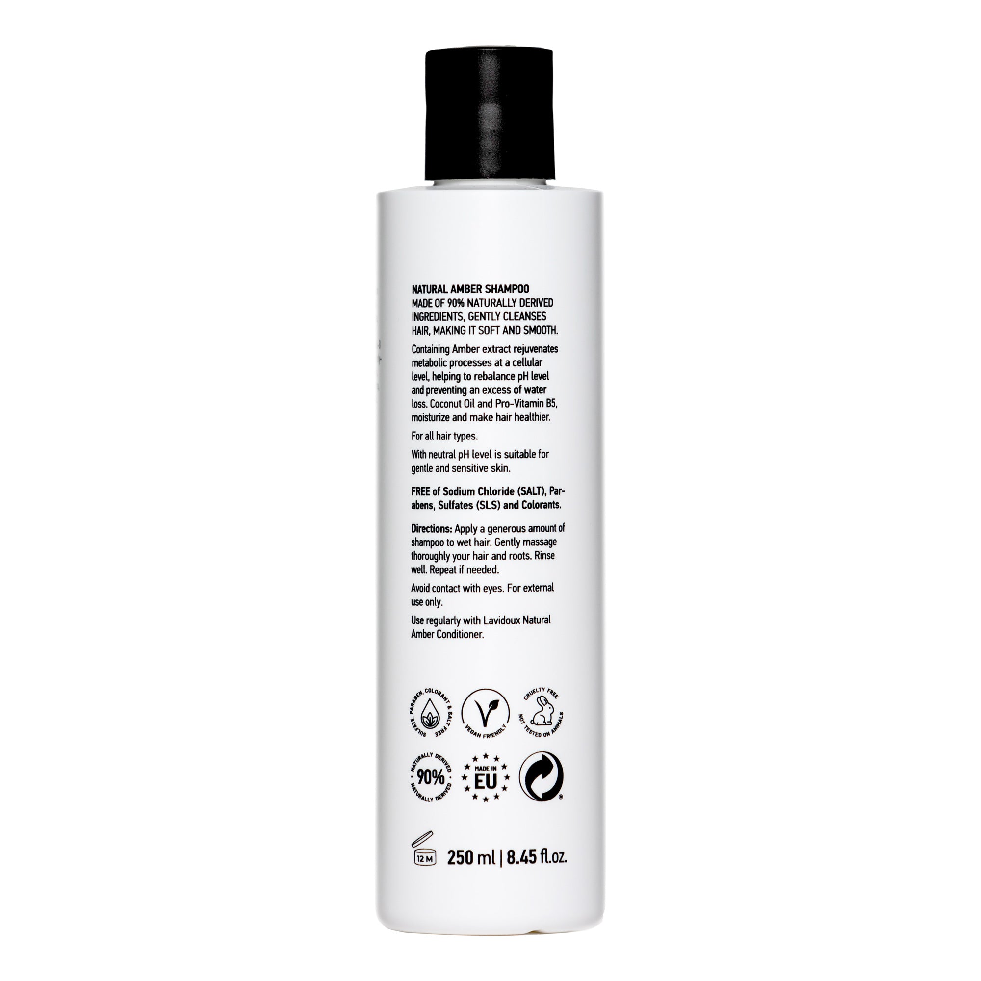 Bottle of Amber Shampoo with natural ingredients, featuring amber extract and coconut oil, designed for soft and healthy hair.