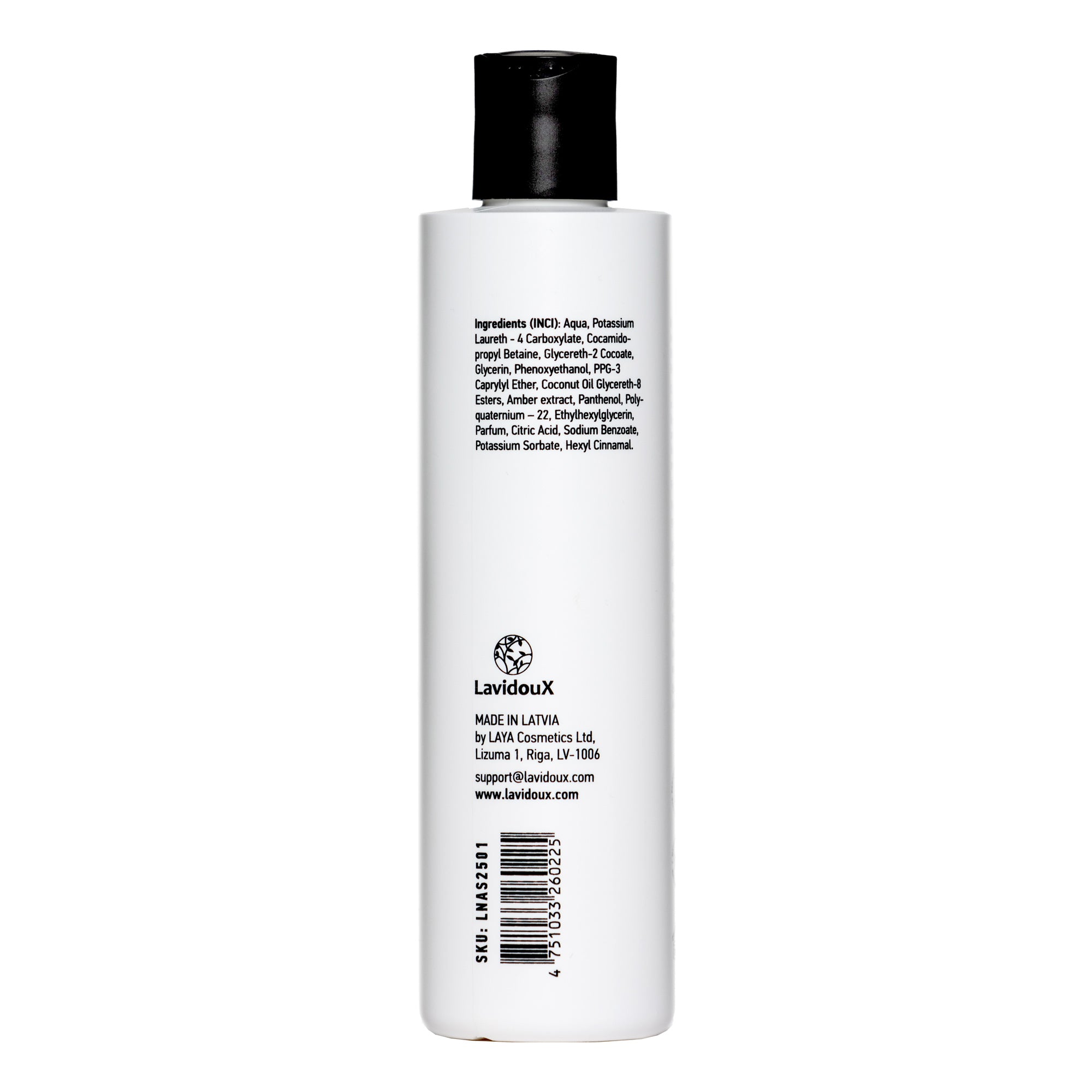 Bottle of Amber Shampoo with natural ingredients, featuring amber extract and coconut oil, designed for soft and healthy hair.