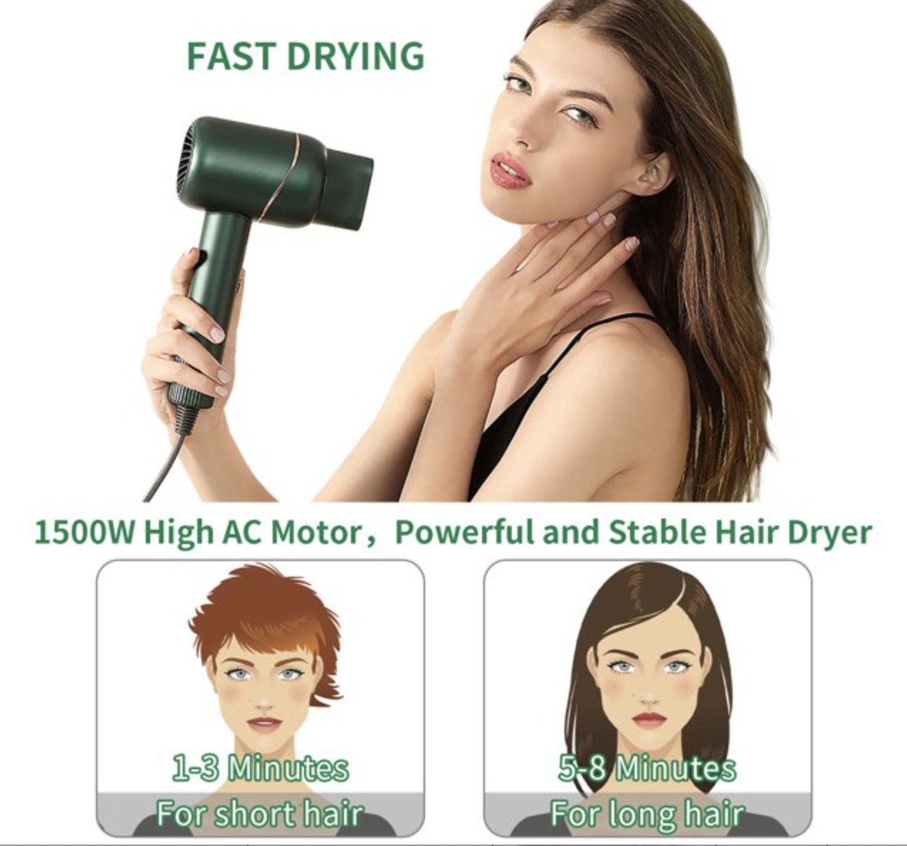 Anion Hair Dryer Green KD318 showcasing its sleek design and concentrator nozzle, ideal for achieving smooth and shiny hairstyles.