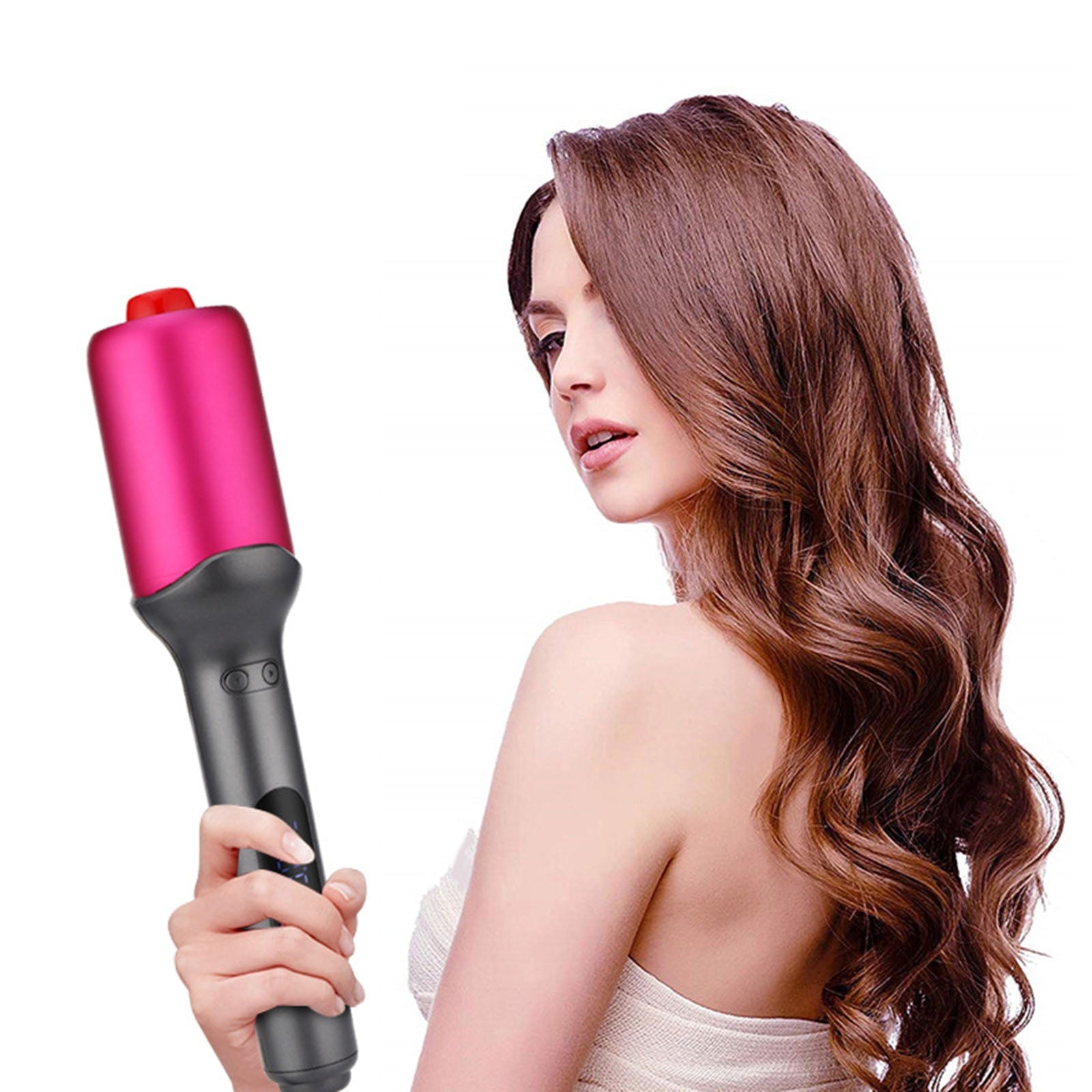 Auto Hair Curler in black and purple with digital display and rotating wire, showcasing its sleek design and features.