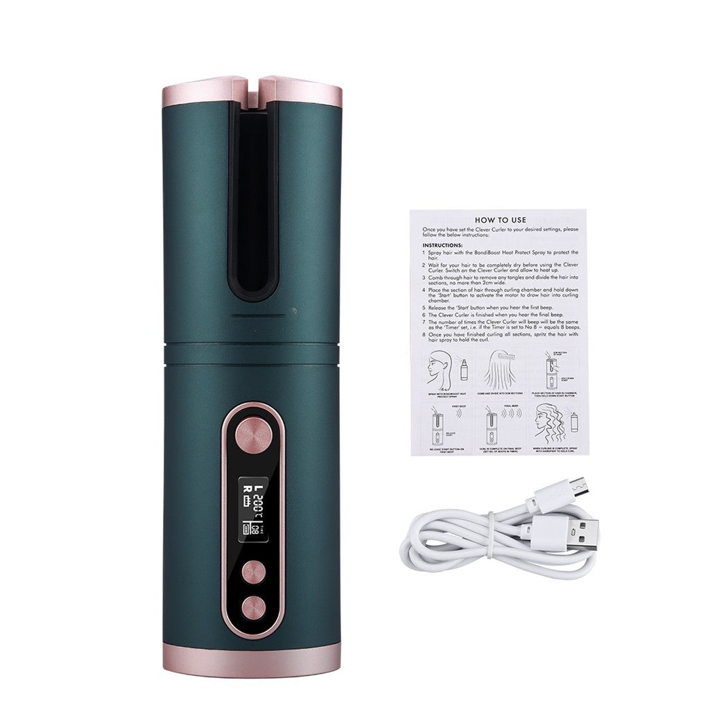 Automatic Hair Curler with LCD screen and USB charging cable, showcasing its sleek design and ceramic coating for safe styling.