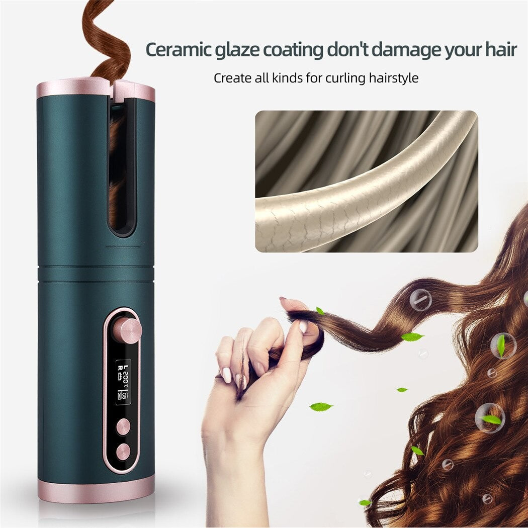 Automatic Hair Curler with LCD screen and USB charging cable, showcasing its sleek design and ceramic coating for safe styling.