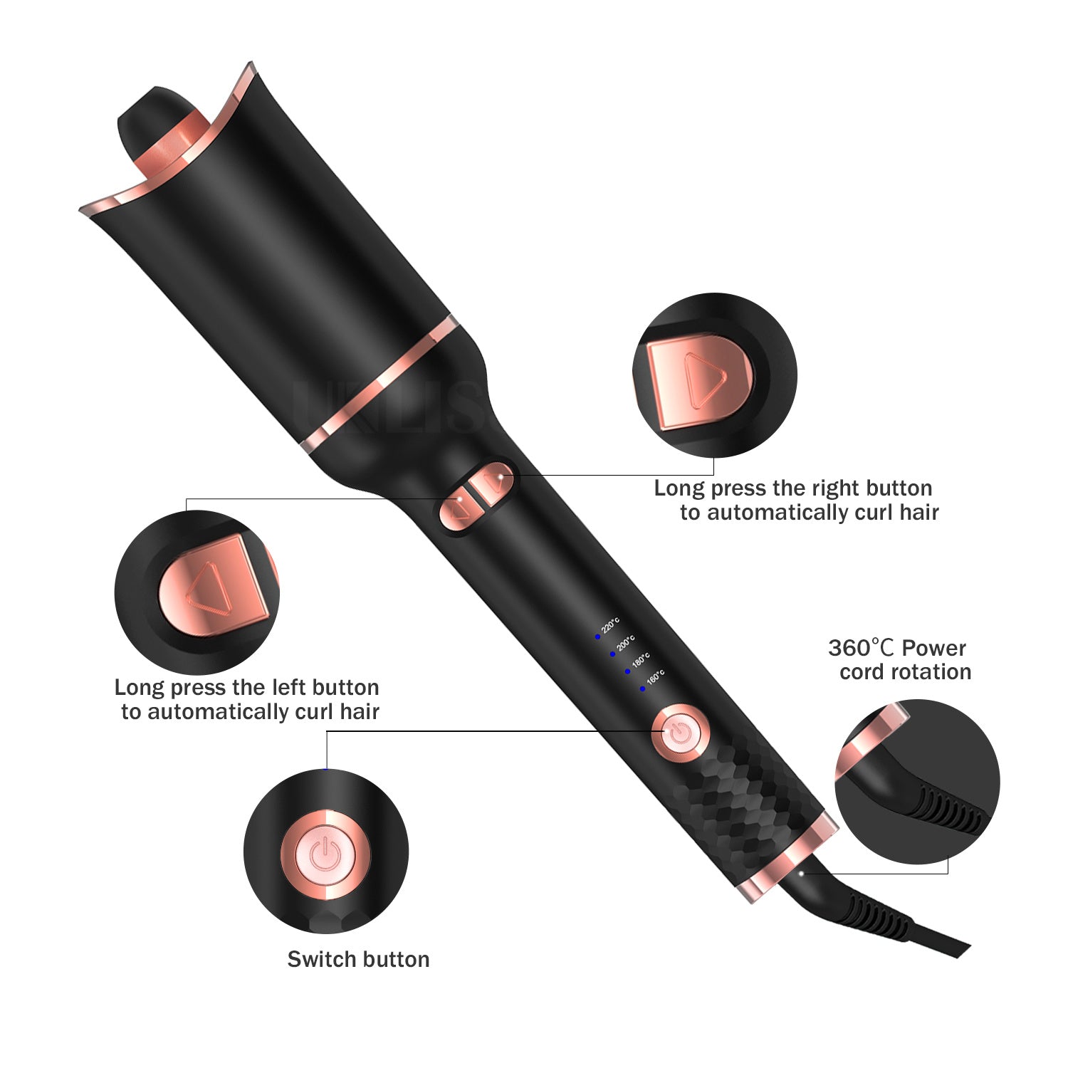 Automatic Hair Curler Ceramic Curling Wand with rotating barrel and temperature settings, designed for effortless styling.