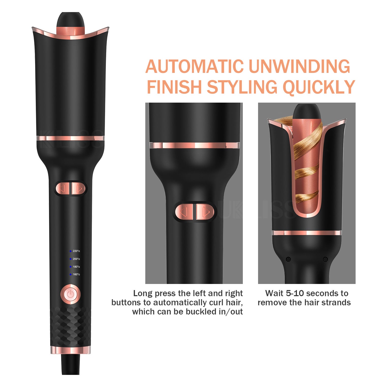 Automatic Hair Curler Ceramic Curling Wand with rotating barrel and temperature settings, designed for effortless styling.