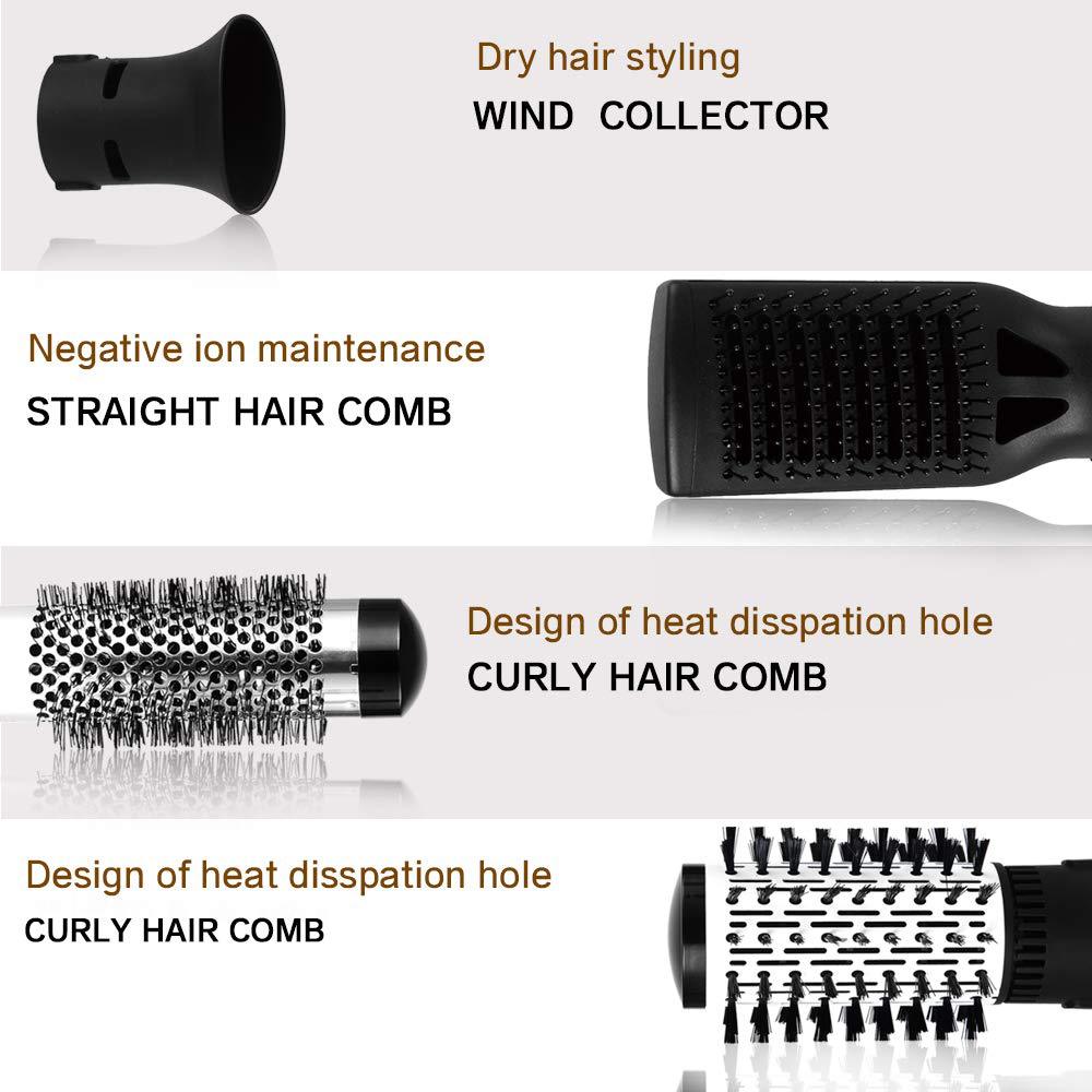 Automatic Rotating Hot Air Comb in black and gold, featuring a tourmaline ceramic barrel and multiple styling heads for versatile hair styling.