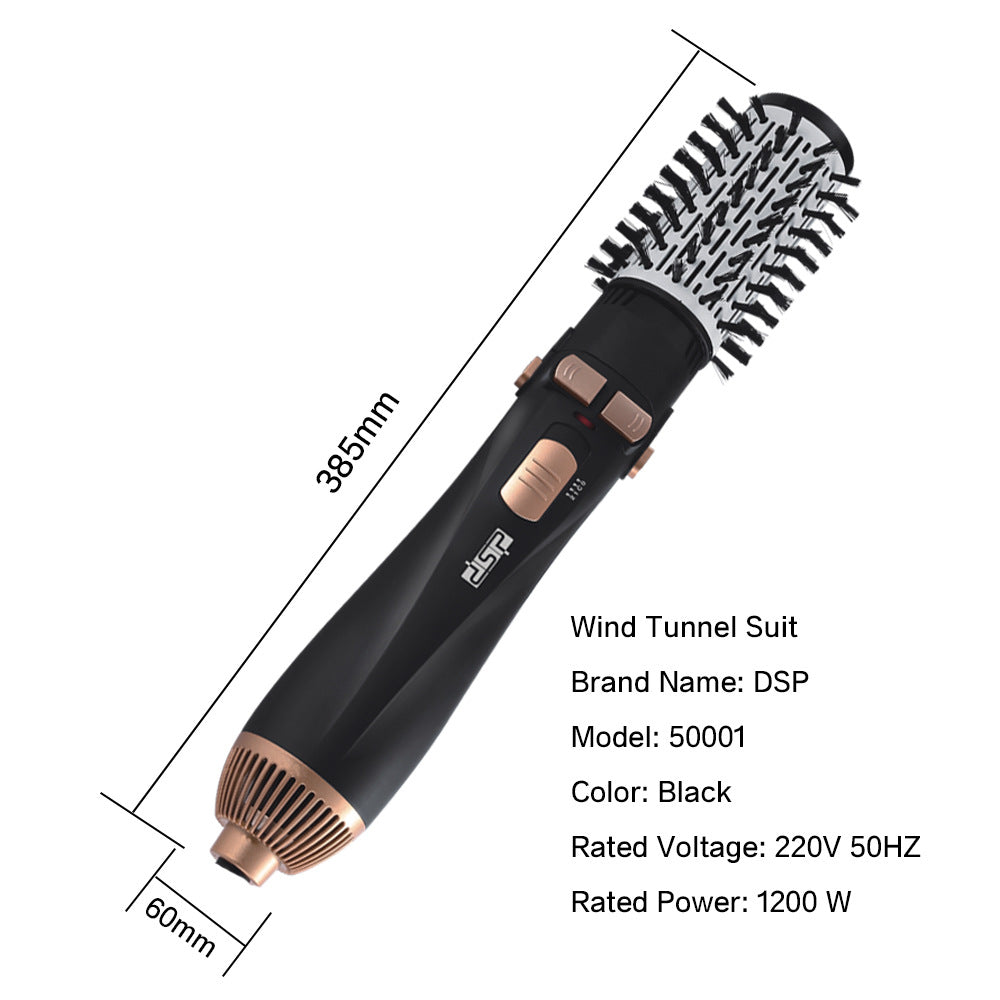 Automatic Rotating Hot Air Comb in black and gold, featuring a tourmaline ceramic barrel and multiple styling heads for versatile hair styling.