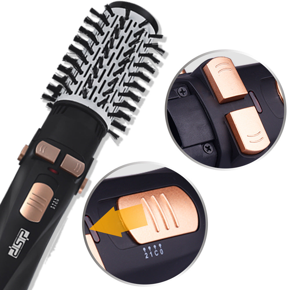 Automatic Rotating Hot Air Comb in black and gold, featuring a tourmaline ceramic barrel and multiple styling heads for versatile hair styling.