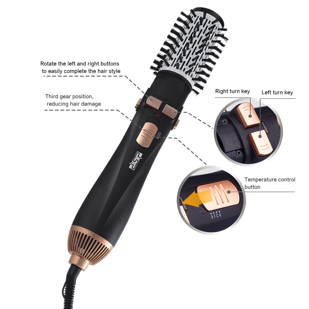 Automatic Rotating Hot Air Comb in black and gold, featuring a tourmaline ceramic barrel and multiple styling heads for versatile hair styling.