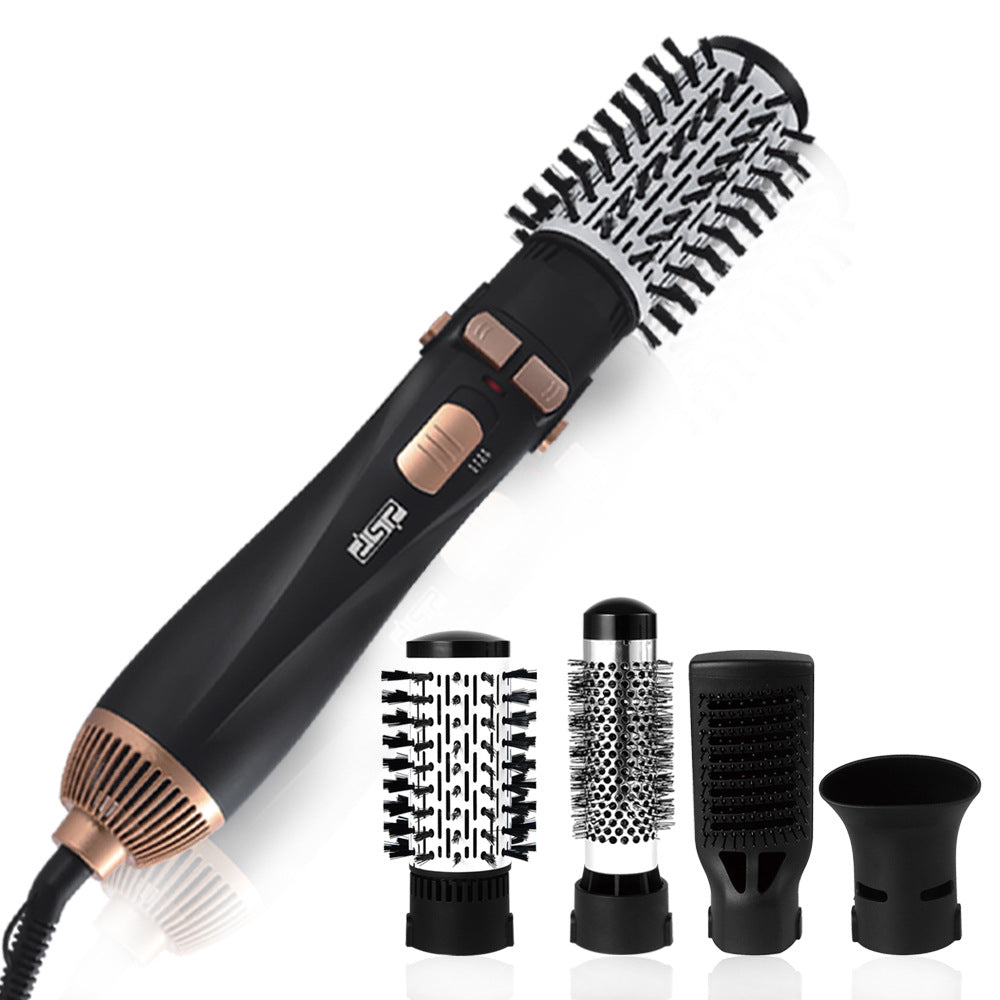 Automatic Rotating Hot Air Comb in black and gold, featuring a tourmaline ceramic barrel and multiple styling heads for versatile hair styling.