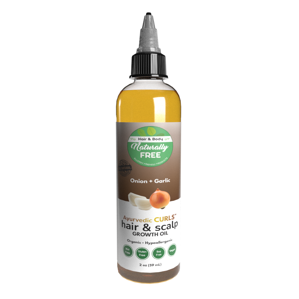 Bottle of Ayurvedic Onion + Garlic Hair & Scalp Growth Oil with natural ingredients, promoting hair growth and scalp health.