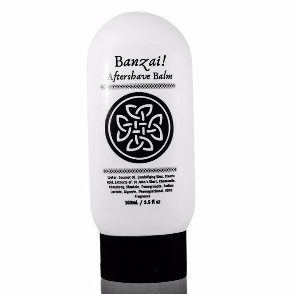 Banzai! Aftershave Balm by Murphy and McNeil in a sleek container, showcasing its vibrant citrus scent and cooling properties.