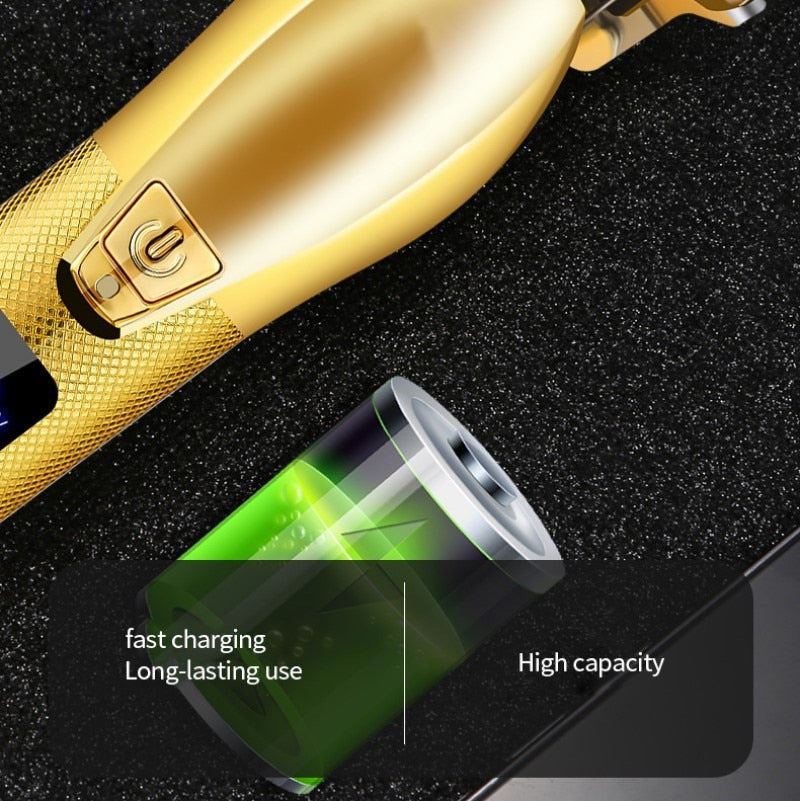 Barber All Metal Hair Clipper with a sleek design, showcasing its professional blade and digital display features.