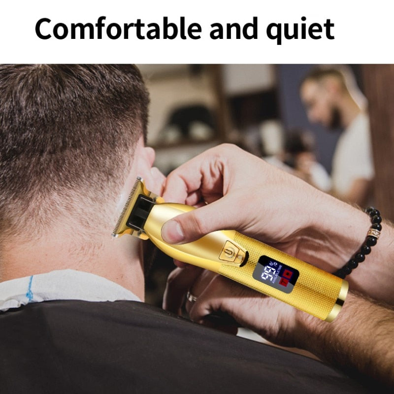 Barber All Metal Hair Clipper with a sleek design, showcasing its professional blade and digital display features.