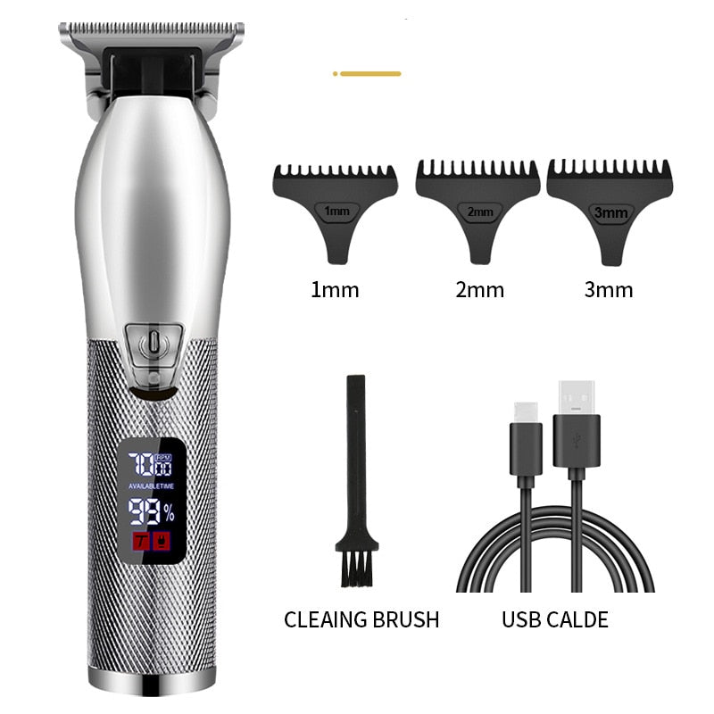 Barber All Metal Hair Clipper showcasing its sleek design and digital display features, ideal for precise haircuts.