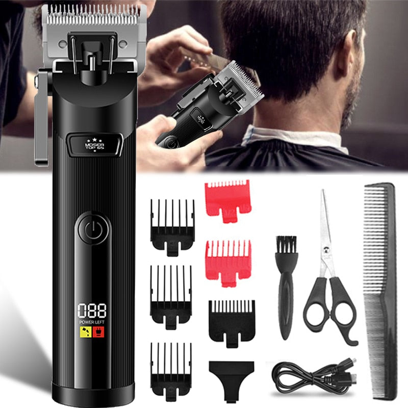 Barber Cordless Electric Hair Clipper with adjustable stainless steel blade, USB charging cable, and various cutting guides displayed on a white background.