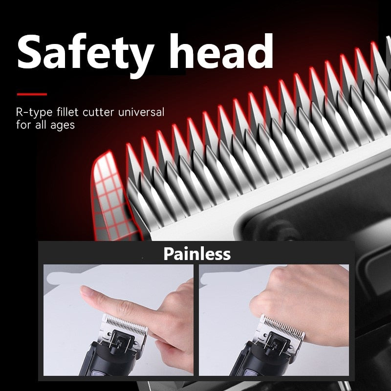 Barber Cordless Electric Hair Clipper with adjustable stainless steel blade, USB charging cable, and various cutting guides displayed on a white background.