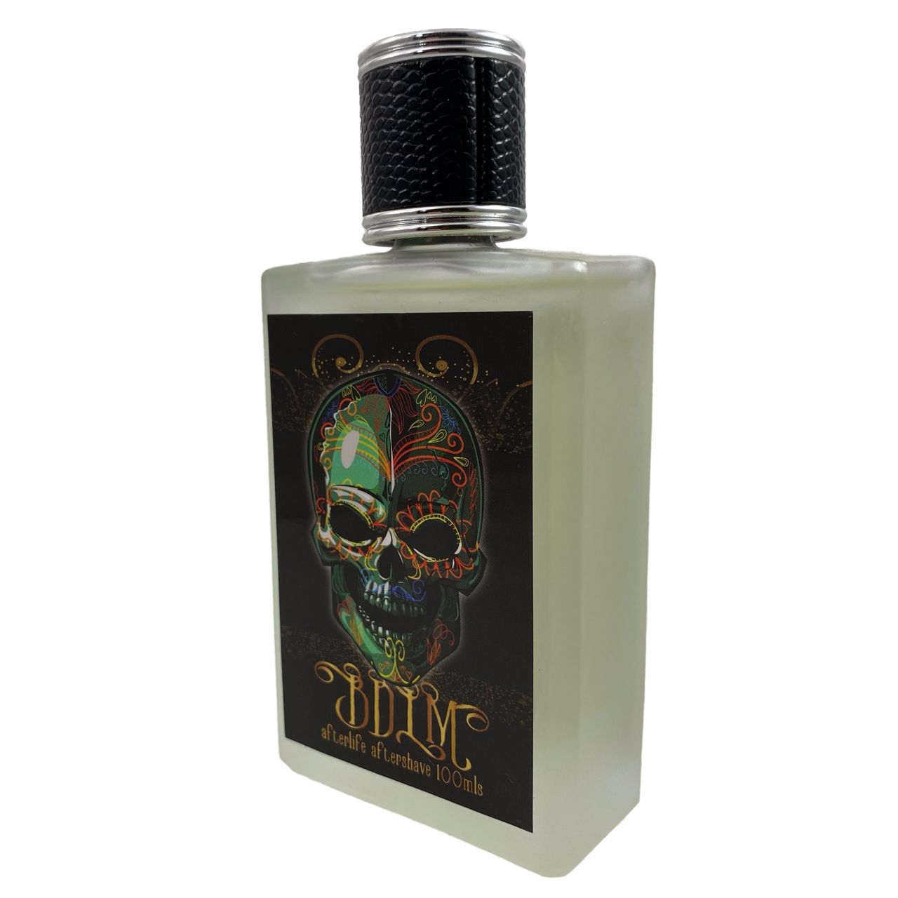 Barbershop De Los Muertos Aftershave Splash bottle with a vibrant label, showcasing its unique citrus and woody scent profile.