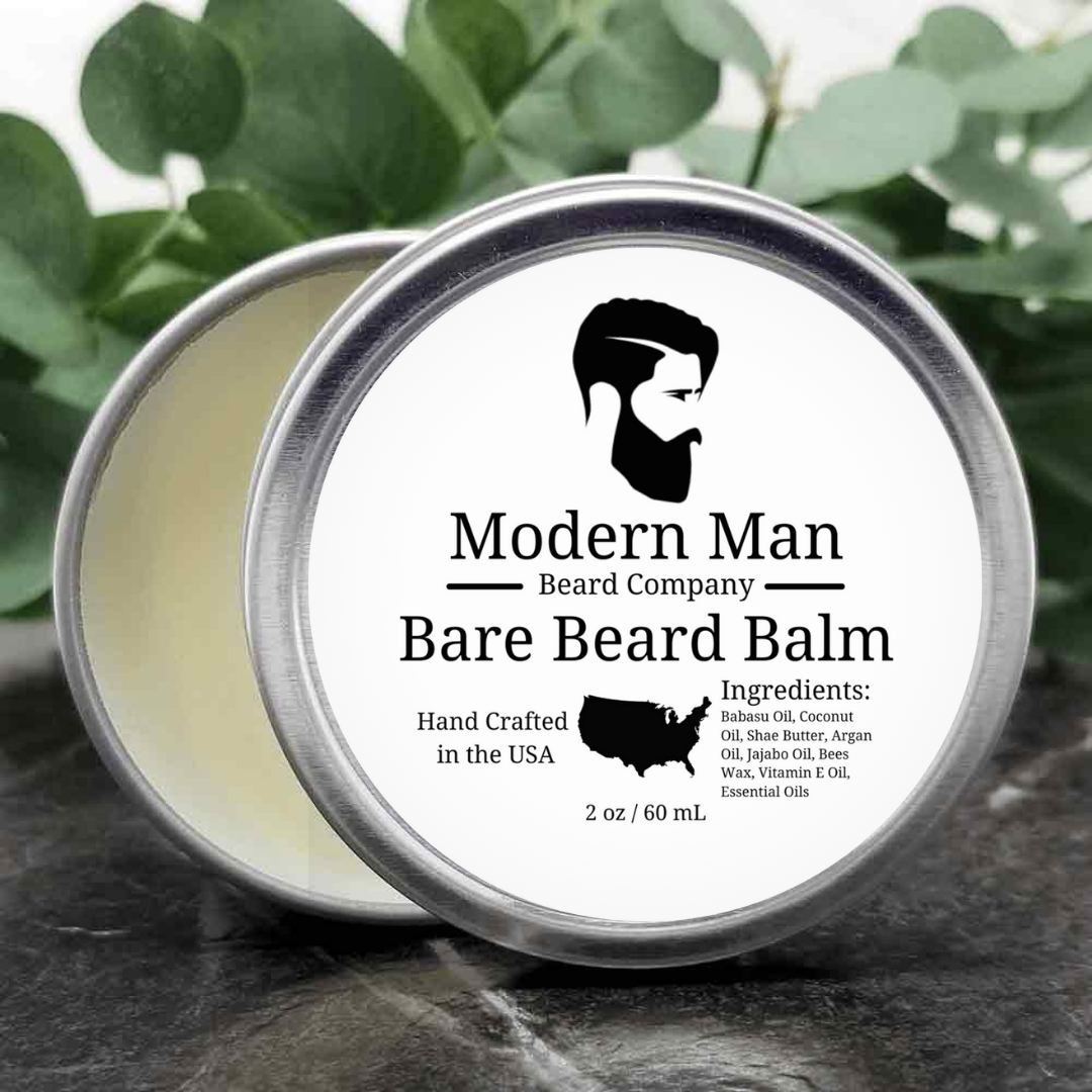 A jar of Bare Beard Balm showcasing its rich texture and nourishing ingredients like Argan and Jojoba Oils.