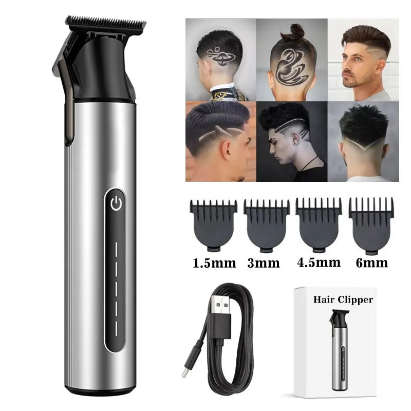 Professional beard trimmer for men with zero gapped titanium T blade, compact design, and USB charging capability.