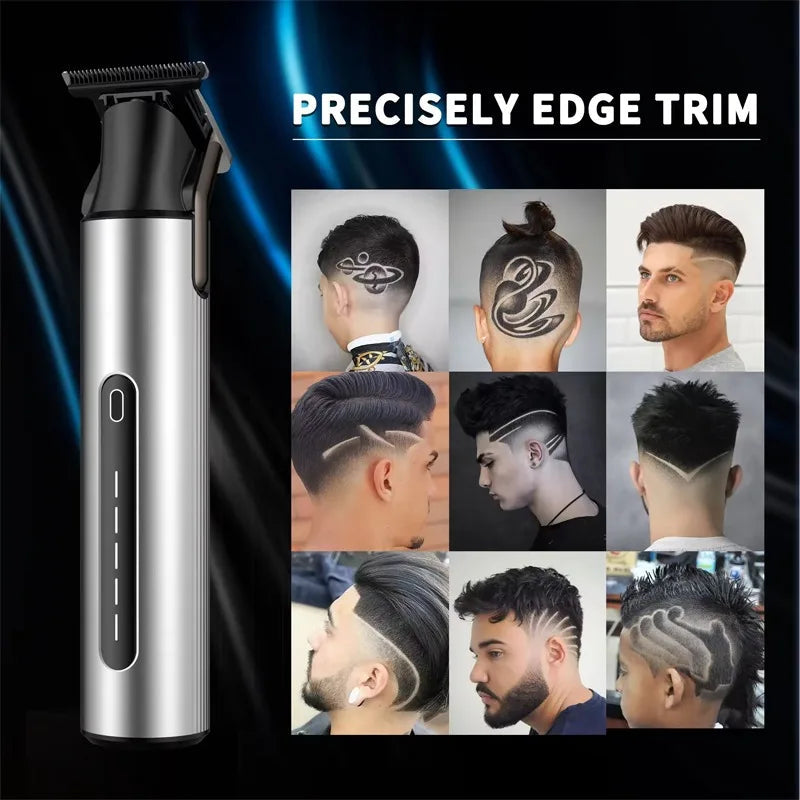 Professional beard trimmer for men with zero gapped titanium T blade, compact design, and USB charging capability.