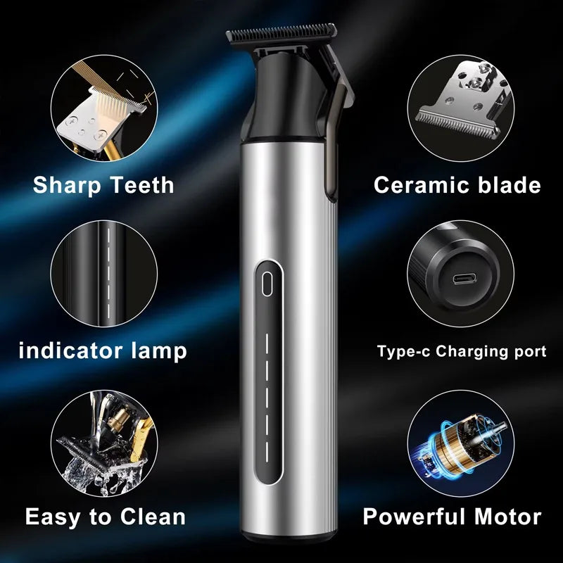 Professional beard trimmer for men with zero gapped titanium T blade, compact design, and USB charging capability.