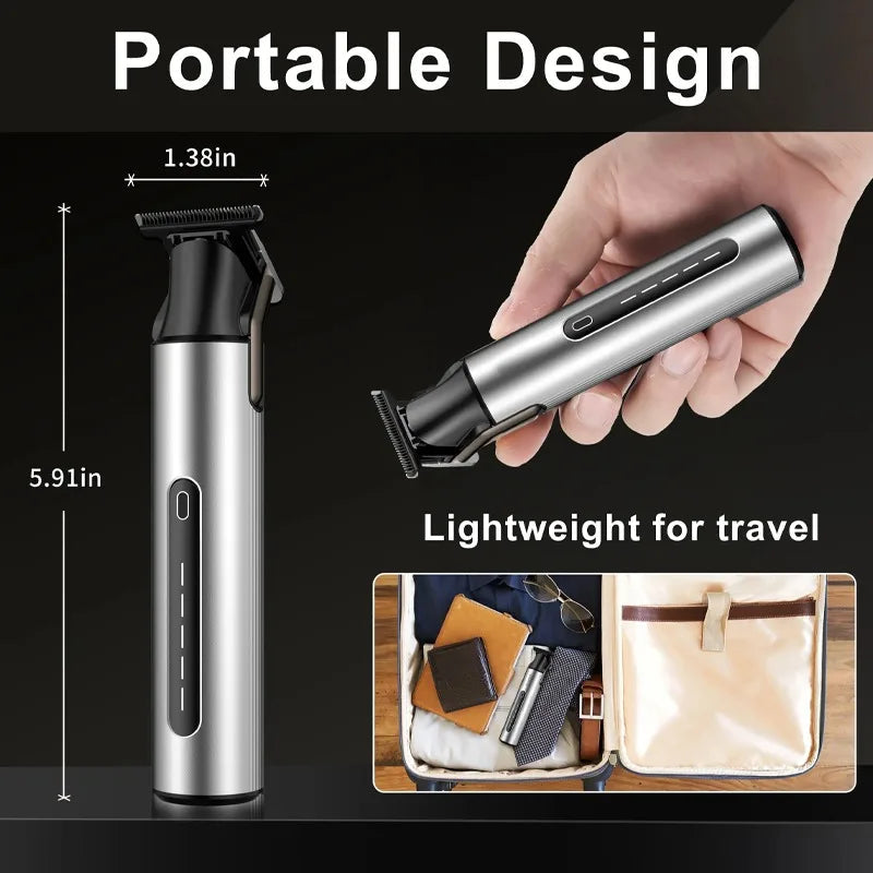 Professional beard trimmer for men with zero gapped titanium T blade, compact design, and USB charging capability.