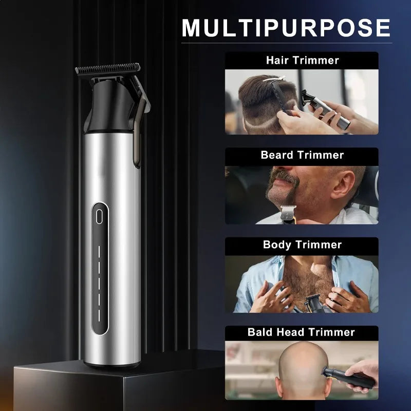 Professional beard trimmer for men with zero gapped titanium T blade, compact design, and USB charging capability.