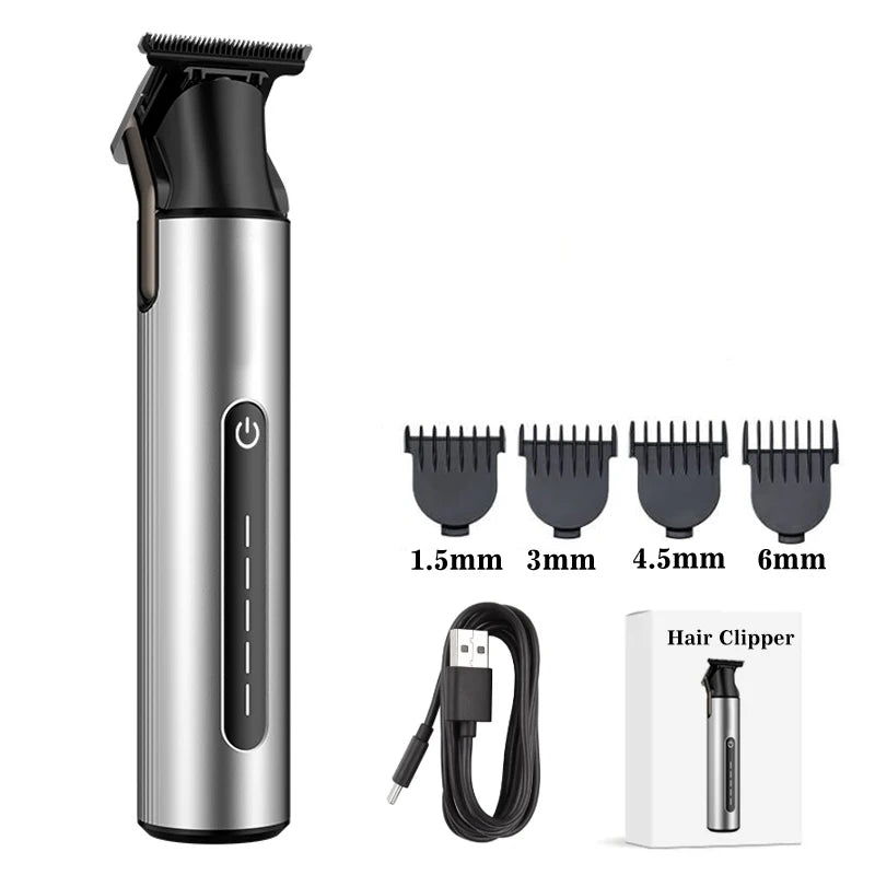 Professional beard trimmer for men with zero gapped titanium T blade, compact design, and USB charging capability.