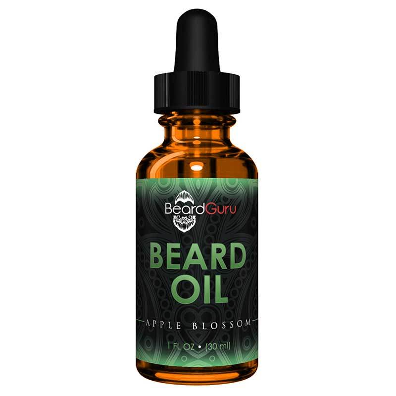 BeardGuru AppleBlossom Beard Oil bottle with a fresh apple and sage background, showcasing its premium quality.